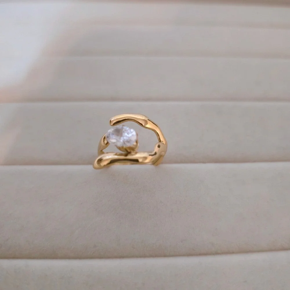 18K Gold Plated Stainless Steel Organic Molten Ring CZ Accent Size 6.5